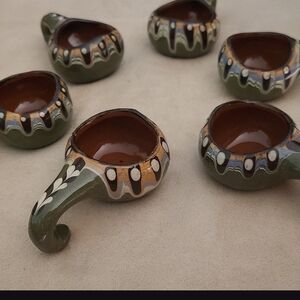 Vintage Bulgarian Redware Pottery clay set of six pipe cups